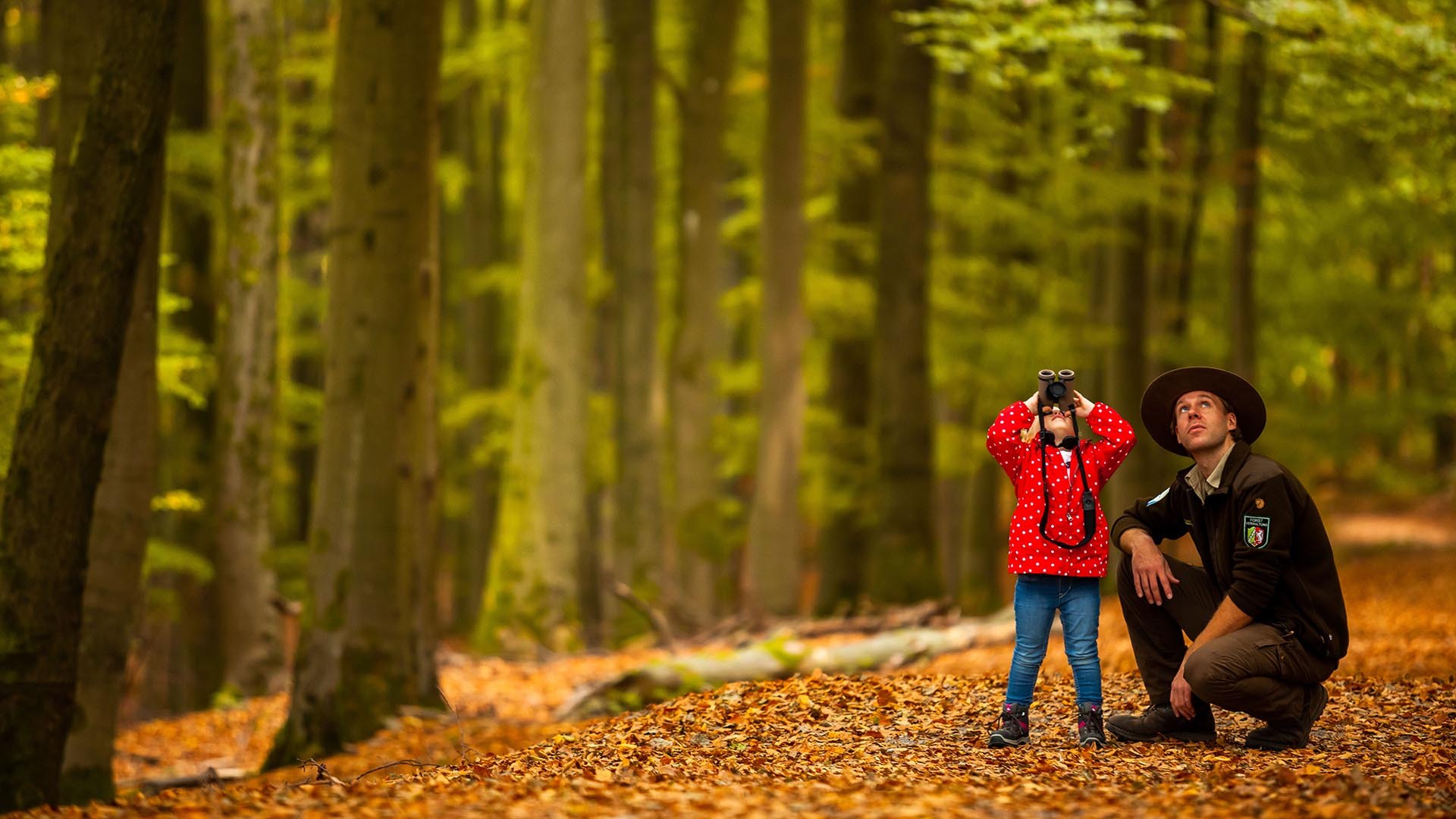 Eifel National Park, child looking through binoculars with ranger , © Tourismus NRW e.V.