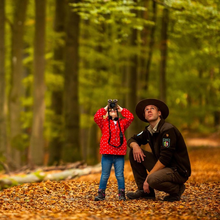 Eifel National Park, child looking through binoculars with ranger , © Tourismus NRW e.V.